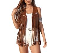 Chaleco de ante sintético con flecos para mujer, chaleco con borlas, chaleco sin mangas, chaqueta occidental de los años 70, disfraz de vaquera hippie para mujer, abrigo bohemio para festivales y uso