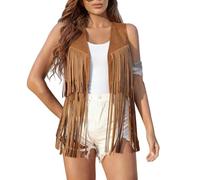 Chaleco de ante sintético con flecos para mujer, chaleco con borlas, chaleco sin mangas, chaqueta occidental de los años 70, disfraz de vaquera hippie para mujer, abrigo bohemio para festivales y uso