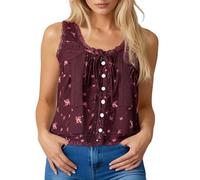 Chaleco de Encaje con Cordones Frontales Estilo Bohemio para Mujer, Top Playero con Botones, Top Corto de Gasa de Malla sin Mangas, Ropa de Playa (Coffee, L)