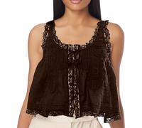 Chaleco de encaje liso para mujer, diseño de patchwork, ajuste delgado, camisola pequeña, marrón, L