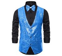 Chaleco de exterior para hombre, chaleco brillante, cuello en V, chaleco de lentejuelas sin mangas, chaqueta brillante, chaleco de traje, traje de baile, plateado metálico, disfraz de carnaval, azul