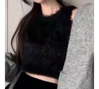 Chaleco de felpa para mujer, cuello redondo, sin mangas, camiseta interior de forro polar acogedora para clima frío, capa base, traje de fiesta, talla única (negro, tamaño medio)