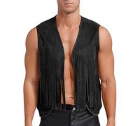 Chaleco de flecos para hombre, chaleco con flecos inspirado en el vaquero para fiestas, conciertos, Halloween y estilo bohemio, creado para un estilo alternativo dramático, fácil de peinar, Negro, XL