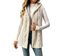Chaleco de forro polar con capucha para mujer, tejido jacquard | Chaqueta mullida sin mangas, chaleco de punto trenzado, con capucha y cremallera frontal, longitud media