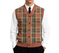 Chaleco de invierno para hombre, chaleco térmico, chaleco de punto con tira de botones y patrón de cuadros, cuello en V, sin mangas, ajuste clásico, chaleco informal para el día a día, oficina, 01