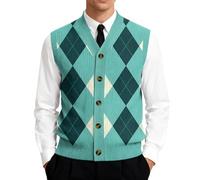 Chaleco de invierno para hombre, chaleco térmico, chaleco de punto con tira de botones y patrón de cuadros, cuello en V, sin mangas, ajuste clásico, chaleco informal para el día a día, oficina