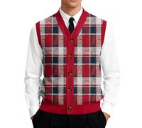 Chaleco de invierno para hombre, chaleco térmico, chaleco de punto con tira de botones y patrón de cuadros, cuello en V, sin mangas, ajuste clásico, chaleco informal para el día a día, oficina, 01