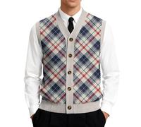 Chaleco de invierno para hombre, chaleco térmico, chaleco de punto con tira de botones y patrón de cuadros, cuello en V, sin mangas, ajuste clásico, chaleco informal para el día a día, oficina, 01