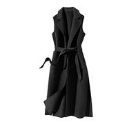 Chaleco de invierno para mujer, de lana, con correa de color sólido, con personalidad, chaleco largo, Negro , XXL