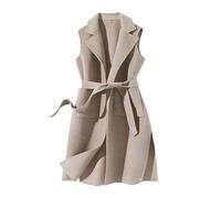 Chaleco de invierno para mujer de longitud media, chaleco de lana para mujer, sin mangas, largo chaleco térmico con cuello de solapa, chaleco de mujer con banda en la cintura, chaleco para el tiempo