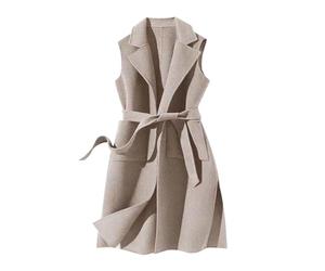 Chaleco de invierno para mujer de longitud media, chaleco de lana para mujer, sin mangas, largo chaleco térmico con cuello de solapa, chaleco de mujer con banda en la cintura, chaleco para el tiempo