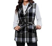 Chaleco de lana a cuadros para mujer, chaquetas de invierno, suaves | Abrigos de guisantes a cuadros con cinturón, elegante chaleco largo para mujer, cómoda chaqueta suelta, forro, bolsillos