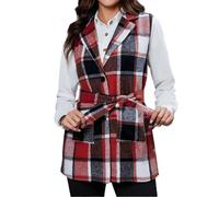 Chaleco de lana a cuadros para mujer, chaquetas de invierno, suaves | Abrigos de guisantes a cuadros con cinturón, elegante chaleco largo para mujer, cómoda chaqueta suelta, forro, bolsillos