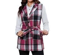 Chaleco de lana a cuadros para mujer, chaquetas de invierno, suaves | Abrigos de guisantes a cuadros con cinturón, elegante chaleco largo para mujer, cómoda chaqueta suelta, forro, bolsillos