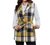 Chaleco de lana a cuadros para mujer, chaquetas de invierno, suaves | Abrigos de guisantes a cuadros con cinturón, elegante chaleco largo para mujer, cómoda chaqueta suelta, forro, bolsillos