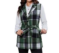 Chaleco de lana a cuadros para mujer, chaquetas de invierno, suaves | Abrigos de guisantes a cuadros con cinturón, elegante chaleco largo para mujer, cómoda chaqueta suelta, forro, bolsillos