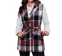 Chaleco de lana a cuadros para mujer, chaquetas de invierno, suaves | Abrigos de guisantes a cuadros con cinturón, elegante chaleco largo para mujer, cómoda chaqueta suelta, forro, bolsillos