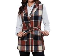 Chaleco de lana a cuadros para mujer, chaquetas de invierno, suaves | Abrigos de guisantes a cuadros con cinturón, elegante chaleco largo para mujer, cómoda chaqueta suelta, forro, bolsillos