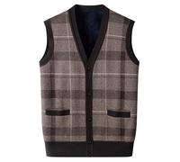 Chaleco de lana de punto a cuadros para hombre, suéter sin mangas con botones, chaleco térmico cálido de invierno, chaleco clásico de punto con cuello en V para hombre, cárdigan de lana suave sin