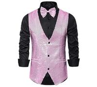 Chaleco de Lentejuelas Doradas for Hombre, Chaleco sin Mangas con Cuello en V y una Botonadura, for Fiesta Boda, Tops Plateados, Azules, morados Rojos para Carnaval, Bodas, Fiestas, Bailes(Pink,M)