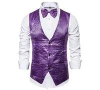 Chaleco de Lentejuelas Doradas for Hombre, Chaleco sin Mangas con Cuello en V y una Botonadura, for Fiesta Boda, Tops Plateados, Azules, morados Rojos para Carnaval, Bodas, Fiestas, Bailes(Purple,XL)