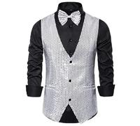 Chaleco de Lentejuelas Doradas for Hombre, Chaleco sin Mangas con Cuello en V y una Botonadura, for Fiesta Boda, Tops Plateados, Azules, morados Rojos para Carnaval, Bodas, Fiestas, Bailes(Silver,M)