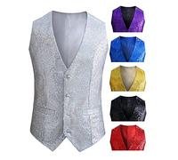 Chaleco de lentejuelas para hombre, color plateado, con purpurina, chaleco de traje, tallas grandes, chaleco de boda, cuello de pico, chaleco para carnaval, club, traje rave, chaleco de traje