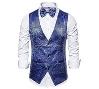 Chaleco de lentejuelas para hombre, cuello en V, corte ajustado, chaleco informal con pajarita de una sola fila brillante metálica, chaleco para hombre, vintage, discoteca, años 70, azul, M
