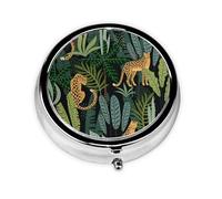 Chaleco de leopardo y hojas tropicales, Pastillero, Pastillero redondo Pequeño contenedor de pastillas Organizador de pastillas de viaje