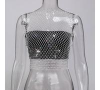 Chaleco de malla de manga corta con diamantes de imitación para mujer, parte superior de malla transparente con elasticidad moderada, diseñado para uso diario, club, vacaciones y varias estaciones (XS