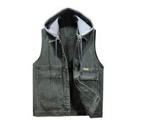 Chaleco de mezclilla para hombre, capucha desmontable, diseño con capucha, chaqueta de mezclilla sin mangas para estilo motociclista, ropa de calle, festivales, viajes y verano, diseñada para una