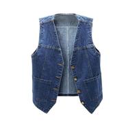 Chaleco De Mezclilla-Vintage V-Neck Lavado Denim Slim Fit Chaleco Bolsillos Acolchados Short Denim Chaleco Plus Size Denim Jacket Verano Primavera Jeans Chaqueta Botón Tapeta Cárdigan Top,Azul OSC