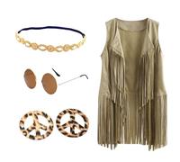 Chaleco de moda sin mangas con flecos para mujer, aretes, diadema, gafas y parte superior con borlas para fiestas y trajes de moda, chaleco retro hippie, albaricoque, S