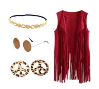 Chaleco de moda sin mangas con flecos para mujer, aretes, diadema, gafas y parte superior con borlas para fiestas y trajes de moda, chaleco retro hippie, rosso, M