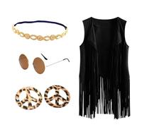 Chaleco de moda sin mangas con flecos para mujer, aretes, diadema, gafas y parte superior con borlas para fiestas y trajes de moda, chaleco retro hippie, Negro, L
