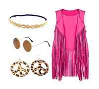 Chaleco de moda sin mangas con flecos para mujer, aretes, diadema, gafas y parte superior con borlas para fiestas y trajes de moda, chaleco retro hippie, Rosa Roja, XL