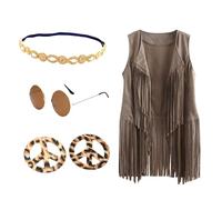 Chaleco de moda sin mangas con flecos para mujer, aretes, diadema, gafas y parte superior con borlas para fiestas y trajes de moda, chaleco retro hippie, beige, L