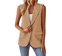 Chaleco De Mujer Elegante,Blazer Sin Mangas para Mujer, Estilo Vintage, con Solapa con Muescas, Largo, para Oficina, con Forro Completo, Chaqueta De Un Botón con Bolsillos, Talla Grande, Color Caqu