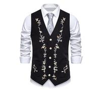 Chaleco de pana para hombre, chaleco bordado floral, cuello en V, chaleco para fiesta, boda, graduación, fiesta, chaleco jacquard con botón para hombre, Negro, M