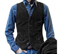 Chaleco de pana para hombre, estilo vintage, elegante, corte ajustado, cuello en V, chaleco de trabajo, clásico, para bodas, fiestas, negocios, estilo británico, chaleco de pana, Negro , XL