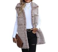 Chaleco De Piel Sintética Para Mujer Primavera Botón Cálido Color Sólido Chaleco Apilado Solapa Suelta Con Bolsillo Bolsillo Chaleco Casual Calle Tallas Grandes Chaqueta Sin Mangas (Café,L)