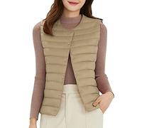Chaleco de Plumas Ligero Cuello Redondo Cuello en V de Mujer Chaleco Acolchado sin Mangas Invierno Plumas Chaquetas Corto Slim Fit Chaqueta de Plumas Ultralight Plegable Portátil(A Khaki,XXL)