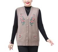 Chaleco De Punto Cálido para Mujeres Mayores Cárdigan Sin Mangas Bordado Floral para Abuela Talla Grande Cuello En V Chaleco Abotonado Top Informal para Mamá Color Camel Talla S