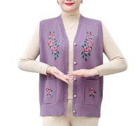 Chaleco De Punto Cálido para Mujeres Mayores Cárdigan Sin Mangas con Bordado Floral para Abuela Talla Grande Cuello En V Abotonado Chaleco Informal para Mamá Morado Talla 3XL