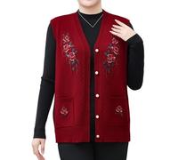 Chaleco De Punto Cálido para Mujeres Mayores Cárdigan Sin Mangas con Bordado Floral para Abuela Talla Grande Cuello En V Abotonado Top Informal para Mamá Rojo Vino Talla 3XL