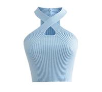 Chaleco de Punto con Cuello Halter Recortado Cintura Alta for Mujer Top Jersey Color sólido Ajustado(BLU)