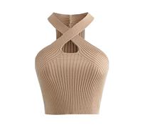 Chaleco de Punto con Cuello Halter Recortado Cintura Alta for Mujer Top Jersey Color sólido Ajustado(Kaki)