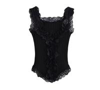 Chaleco de Punto con Ribete Encaje for Mujer, Jersey Dobladillo Curvo Irregular y Corte Entallado, un Solo Pecho(Noir,Large)
