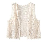 Chaleco de punto de ganchillo hueco para mujer, sin mangas, con patrón geométrico, cuello en V, botones, ombliguera, cárdigan de ganchillo, beige, Talla única