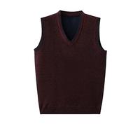 Chaleco De Punto Para Hombre - Chaleco De Punto Ajustado De Color Liso Sin Mangas Con Escote En V Ropa De Otoño E Invierno Con Parches De Color Liso Cálido Burdeos Xxl